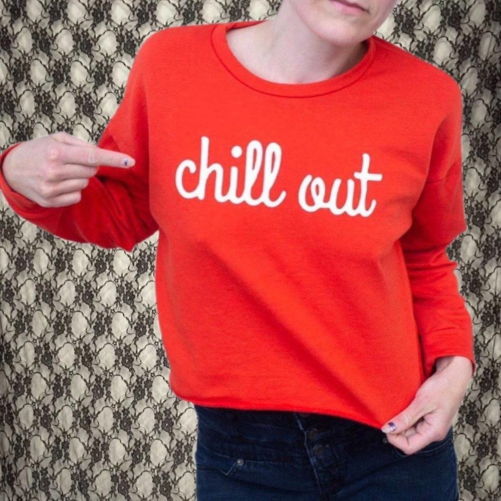 crew neck cropped red chill out sweatshirt raw hem